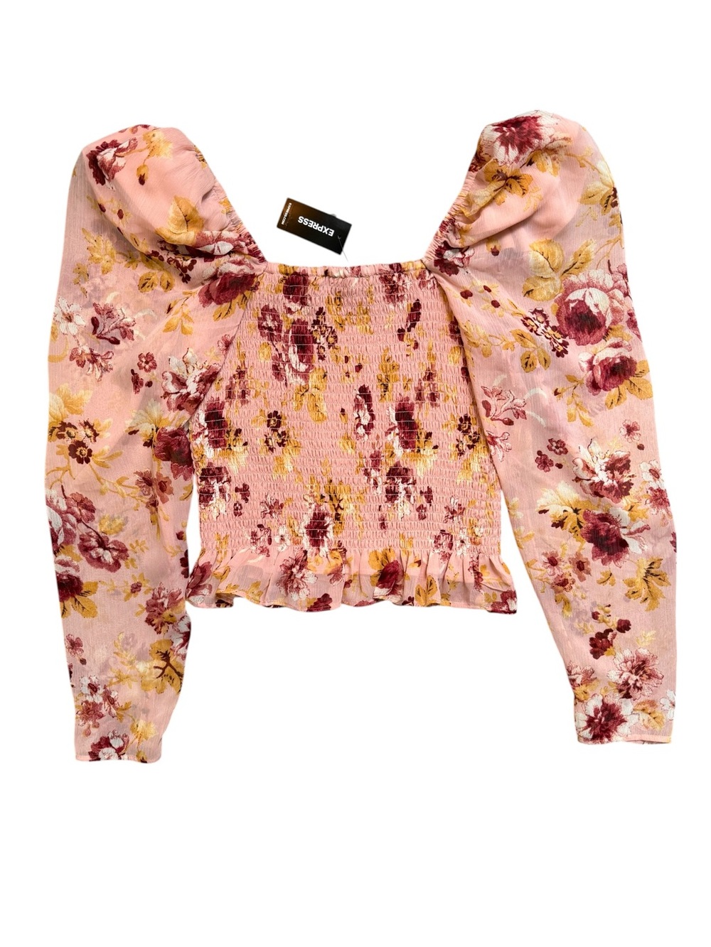 Express NWT Pink Floral Smocked Puff Sleeve Crop Top XS - Picture 4 of 10
